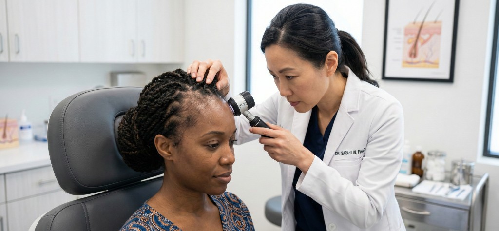 Diagnostic de l'alopécie de traction — Examen dermatoscopique de la ligne frontale en clinique | Renaissance Clinique Dermatologue examinant la ligne frontale d'une patiente atteinte d'alopécie de traction à l'aide d'un dermatoscope — diagnostic clinique des zones de perte capillaire causée par les coiffures serrées (tresses, extensions)
