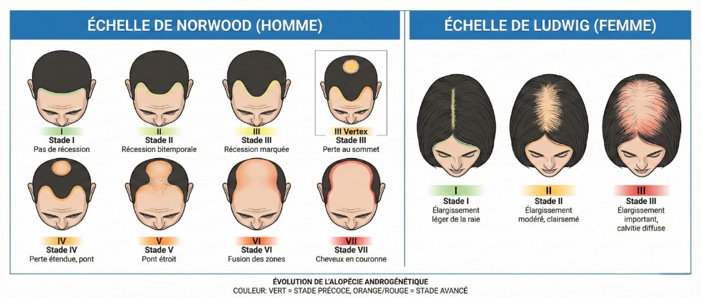 Échelle de Norwood (homme) et échelle de Ludwig (femme) — Classification de l'alopécie androgénétique | Renaissance Clinique Classification comparée de l'alopécie androgénétique : à gauche, l'échelle de Norwood (homme) montrant 7 stades de calvitie — Stade I (pas de récession) → Stade II (récession bitemporale) → Stade III (récession marquée) → Stade III Vertex (perte au sommet) → Stade IV (perte étendue, pont capillaire) → Stade V (pont étroit) → Stade VI (fusion des zones dégarnies) → Stade VII (cheveux en couronne uniquement). À droite, l'échelle de Ludwig (femme) en 3 stades — Stade I (élargissement léger de la raie) → Stade II (élargissement modéré, clairsemé) → Stade III (élargissement important, calvitie diffuse). Code couleur : vert = stade précoce, orange/rouge = stade avancé.