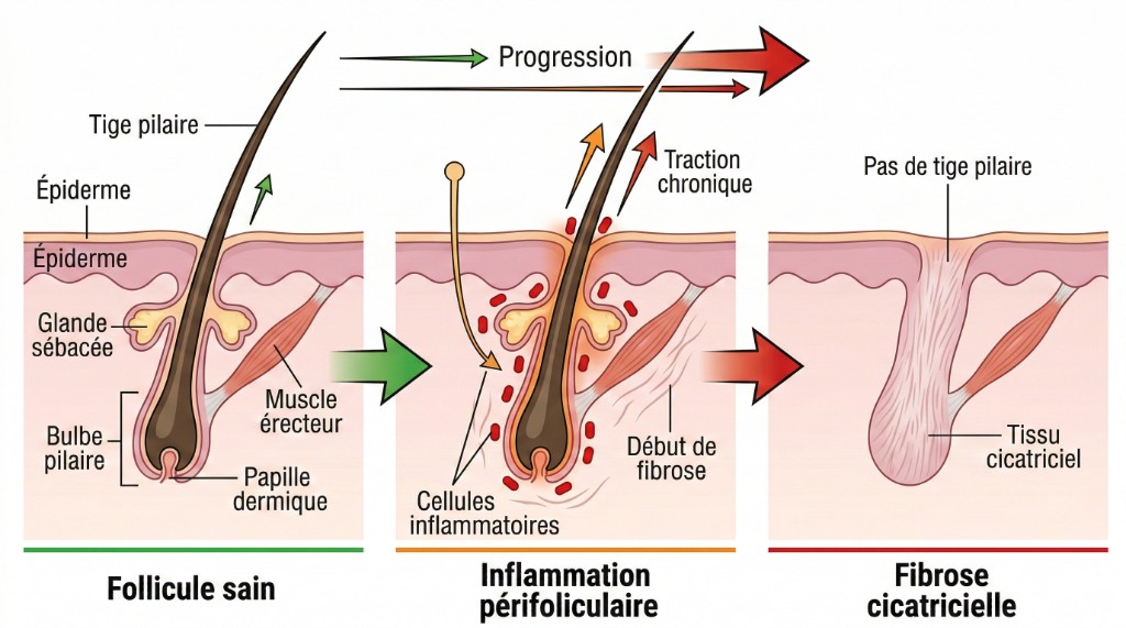 Mécanisme pathologique de l'alopécie de traction — Du follicule sain à la fibrose cicatricielle | Renaissance Clinique Schéma médical du mécanisme pathologique de l'alopécie de traction en 3 phases : follicule sain avec tige pilaire, épiderme, glande sébacée, bulbe pilaire et papille dermique — inflammation périfolliculaire avec cellules inflammatoires, traction chronique et début de fibrose — fibrose cicatricielle irréversible avec tissu cicatriciel remplaçant le follicule détruit