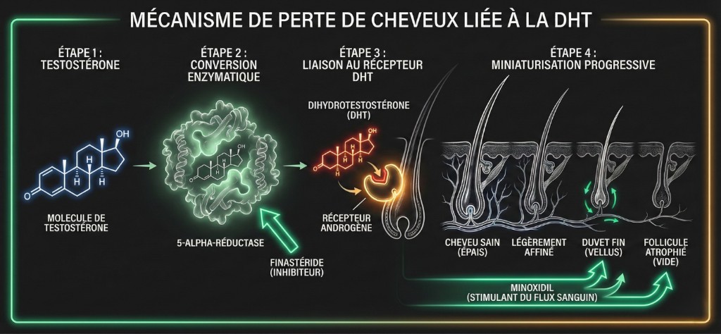 Mécanisme de perte de cheveux liée à la DHT : testostérone → 5-alpha-réductase → DHT → miniaturisation folliculaire | Renaissance Clinique Schéma médical du mécanisme de perte de cheveux liée à la DHT en 4 étapes : Étape 1 — molécule de testostérone (structure chimique), Étape 2 — conversion enzymatique par la 5-alpha-réductase (le finastéride inhibe cette étape), Étape 3 — liaison de la dihydrotestostérone (DHT) au récepteur androgénique du follicule pileux, Étape 4 — miniaturisation progressive montrant 4 stades : cheveu sain épais → légèrement affiné → duvet fin (vellus) → follicule atrophié vide. Le minoxidil stimule le flux sanguin au niveau du follicule.