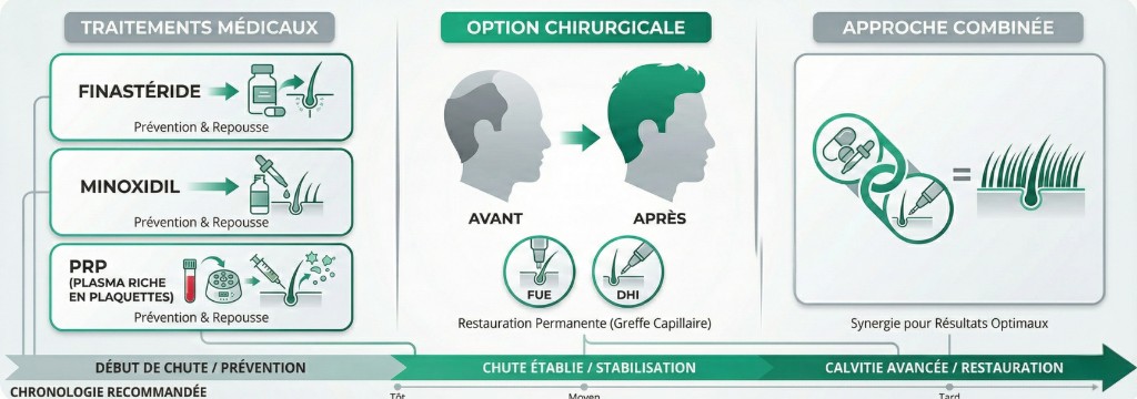 Infographie des options de traitement de la perte de cheveux : traitements médicaux (Finastéride, Minoxidil, PRP — prévention et repousse), option chirurgicale (greffe capillaire FUE et Choi Pen — restauration permanente avant/après) et approche combinée selon la chronologie recommandée (début de chute, chute établie, calvitie avancée)