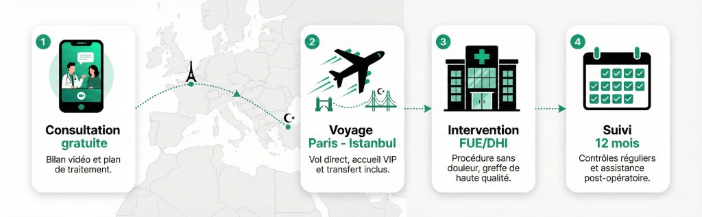 Parcours patient greffe de cheveux : de la consultation gratuite au suivi 12 mois — Paris vers Istanbul | Renaissance Clinique Infographie du parcours patient pour une greffe de cheveux en 4 étapes : Étape 1 — Consultation gratuite (bilan vidéo et plan de traitement via smartphone), Étape 2 — Voyage Paris-Istanbul (vol direct, accueil VIP et transfert inclus), Étape 3 — Intervention FUE/Choi Pen (procédure sans douleur, greffe de haute qualité en clinique), Étape 4 — Suivi 12 mois (contrôles réguliers et assistance post-opératoire). Carte de l'Europe en arrière-plan avec tracé du trajet Paris vers Istanbul.