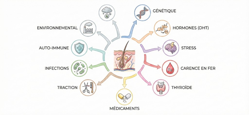 Les 10 causes principales de la perte de cheveux — Infographie médicale | Renaissance Clinique Infographie médicale des 10 principales causes de la perte de cheveux : au centre, coupe anatomique d'un follicule pileux sain, entouré de 10 branches illustrées — génétique (ADN), hormones DHT, stress (cerveau), carence en fer (Fe), thyroïde, médicaments, traction (ciseaux/peigne), infections (bactéries), auto-immune (bouclier), environnemental (pollution)
