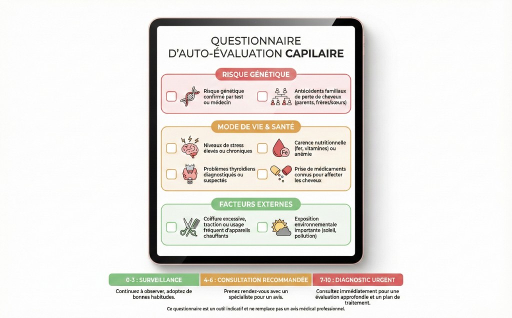 Questionnaire d'auto-évaluation capillaire : identifiez votre profil de chute de cheveux — Diagnostic perte de cheveux | Renaissance Clinique Questionnaire d'auto-évaluation capillaire affiché sur tablette, organisé en 3 catégories : Risque génétique (risque confirmé par test ou médecin, antécédents familiaux de perte de cheveux chez parents/frères/sœurs), Mode de vie et santé (niveaux de stress élevés ou chroniques, carence nutritionnelle en fer/vitamines ou anémie, problèmes thyroïdiens diagnostiqués ou suspectés, prise de médicaments connus pour affecter les cheveux), Facteurs externes (coiffure excessive/traction ou usage fréquent d'appareils chauffants, exposition environnementale importante au soleil et à la pollution). Barème de résultats : 0-3 = surveillance, 4-6 = consultation recommandée, 7-10 = diagnostic urgent.