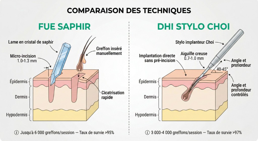 Schéma comparatif des techniques de greffe capillaire FUE Saphir et Choi Pen Stylo Choi en coupe transversale du cuir chevelu : à gauche, la technique FUE Saphir avec lame en cristal de saphir réalisant une micro-incision de 1,0-1,3 mm dans l'épiderme, le derme et l'hypoderme, greffon inséré manuellement avec cicatrisation rapide (jusqu'à 6 000 greffons/session, taux de survie >95 %) ; à droite, la technique Choi Pen avec stylo implanteur Choi à aiguille creuse de 0,7-1,0 mm pénétrant à un angle de 40-45° pour implantation directe sans pré-incision (3 000-4 000 greffons/session, taux de survie >97 %)