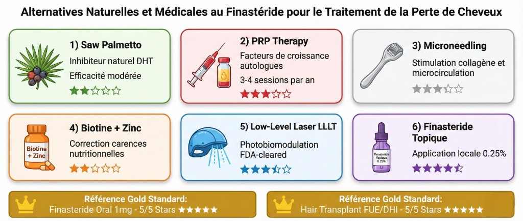 Alternatives naturelles et médicales au finastéride : saw palmetto, PRP, microneedling, biotine, laser LLLT et finastéride topique — Comparaison avec niveaux de preuve | Renaissance Clinique Infographie des alternatives naturelles et médicales au finastéride pour le traitement de la perte de cheveux, présentée en 6 cartes sur 2 rangées : 1) Saw Palmetto (icône baies de palmier nain, inhibiteur naturel DHT, efficacité modérée, 2/5 étoiles), 2) PRP Therapy (icône seringue plasma riche en plaquettes, facteurs de croissance autologues, 3-4 sessions par an, 3,5/5 étoiles), 3) Microneedling (icône derma roller, stimulation collagène et microcirculation, 3/5 étoiles), 4) Biotine + Zinc (icône flacon complément alimentaire, correction carences nutritionnelles, 2/5 étoiles), 5) Low-Level Laser LLLT (icône casque laser bleu, photobiomodulation FDA-cleared, 3,5/5 étoiles), 6) Finastéride Topique (icône flacon compte-gouttes, application locale 0,25 %, 4,5/5 étoiles). Référence gold standard en bas : Finastéride Oral 1 mg — 5/5 étoiles et Greffe capillaire FUE/Choi Pen — 5/5 étoiles