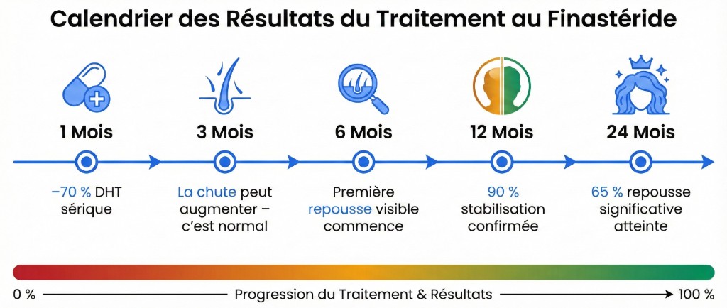 Calendrier des résultats du finastéride : chronologie mois par mois de la stabilisation et repousse capillaire — Finastéride Cheveux | Renaissance Clinique Calendrier des résultats du traitement au finastéride sur une frise chronologique horizontale avec 5 étapes : 1 mois (icône comprimé, −70 % DHT sérique), 3 mois (icône cheveu, la chute peut augmenter — c'est normal, shedding physiologique), 6 mois (icône densité capillaire, première repousse visible commence), 12 mois (icône avant/après profil, 90 % stabilisation confirmée), 24 mois (icône chevelure complète, 65 % repousse significative atteinte). Barre de progression inférieure du rouge (0 %) au vert (100 %) illustrant la progression du traitement et des résultats
