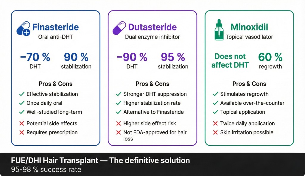 Comparaison Finastéride vs Dutastéride vs Minoxidil : efficacité, avantages et inconvénients + greffe FUE/Choi Pen | Renaissance Clinique Infographie comparative des trois traitements médicaux contre la chute de cheveux : colonne 1 (bleu) Finasteride — oral anti-DHT, −70 % DHT, 90 % stabilisation, avantages (stabilisation efficace, 1 prise orale par jour, études long terme) et inconvénients (effets secondaires potentiels, ordonnance requise) ; colonne 2 (violet) Dutasteride — inhibiteur double enzyme, −90 % DHT, 95 % stabilisation, avantages (suppression DHT plus forte, taux de stabilisation supérieur, alternative au finastéride) et inconvénients (risque accru d'effets secondaires, non approuvé FDA pour la calvitie) ; colonne 3 (vert) Minoxidil — vasodilatateur topique, n'affecte pas la DHT, 60 % repousse, avantages (stimule la repousse, sans ordonnance, application topique) et inconvénients (application 2 fois par jour, irritation cutanée possible). Bandeau inférieur sombre : Greffe FUE/Choi Pen — la solution définitive — 95-98 % taux de réussite