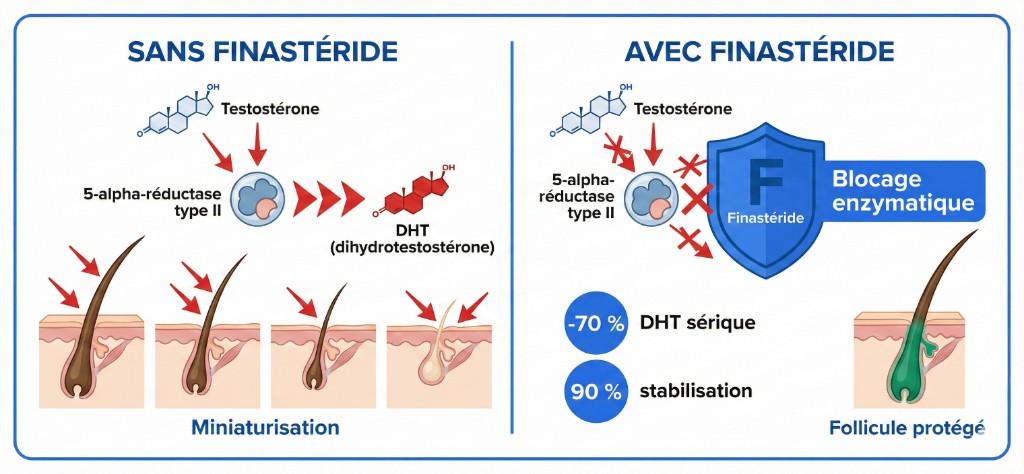 Mécanisme d'action du finastéride : blocage de la 5-alpha-réductase et protection du follicule pileux contre la DHT — Finastéride Cheveux | Renaissance Clinique Schéma comparatif du mécanisme d'action du finastéride sur le follicule pileux : à gauche (SANS FINASTÉRIDE) la testostérone est convertie par la 5-alpha-réductase de type II en DHT (dihydrotestostérone), les flèches rouges montrent la DHT attaquant le follicule pileux qui se miniaturise progressivement en 4 stades jusqu'à l'atrophie complète ; à droite (AVEC FINASTÉRIDE) le bouclier bleu Finastéride bloque l'enzyme 5-alpha-réductase (blocage enzymatique), empêchant la production de DHT, résultat : −70 % de DHT sérique, 90 % de stabilisation, follicule protégé avec cheveu terminal épais en phase anagène