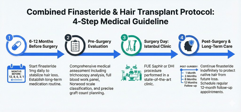 Protocole combiné finastéride + greffe de cheveux FUE/Choi Pen : guide médical en 4 étapes — De la préparation au suivi post-opératoire | Renaissance Clinique Protocole médical combiné finastéride et greffe capillaire en 4 étapes : étape 1 (6-12 mois avant la chirurgie, icône comprimé bleu) — commencer le finastéride 1 mg par jour pour stabiliser la chute, établir une routine médicamenteuse à long terme, calendrier décompte 12, 9, 6, 3, 1 mois ; étape 2 (évaluation pré-chirurgicale, icône clipboard médecin) — bilan médical complet incluant trichoscopie, bilan sanguin, classification Norwood et planification précise du nombre de greffons ; étape 3 (jour de la chirurgie à Istanbul, icône instruments chirurgicaux) — intervention FUE Saphir ou Choi Pen réalisée dans une clinique de pointe ; étape 4 (post-chirurgie et soins à long terme, icône bouclier protection) — continuer le finastéride indéfiniment pour protéger les cheveux natifs, suivi régulier à 1, 3, 6 et 12 mois