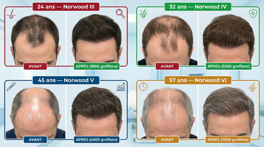 Résultats avant/après greffe de cheveux par âge : 24 ans (Norwood III, 1 800 greffons), 32 ans (Norwood IV, 3 200 greffons), 45 ans (Norwood V, 4 000 greffons), 57 ans (Norwood VI, 2 000 greffons) | Renaissance Clinique Photos avant/après de greffe de cheveux comparées par tranche d'âge : panneau 1 (bordure rouge) — 24 ans, Norwood III, golfes temporaux reculés avant et ligne frontale naturelle restaurée après avec 1 800 greffons ; panneau 2 (bordure verte) — 32 ans, Norwood IV, calvitie modérée avant et couverture dense après avec 3 200 greffons ; panneau 3 (bordure bleue) — 45 ans, Norwood V, calvitie avancée avec vertex dégarni avant et amélioration significative après avec 4 000 greffons ; panneau 4 (bordure ambre) — 57 ans, Norwood VI, calvitie étendue avant et aspect rajeuni naturel après avec 2 000 greffons. Prise de vue du sommet du crâne, éclairage clinique uniforme
