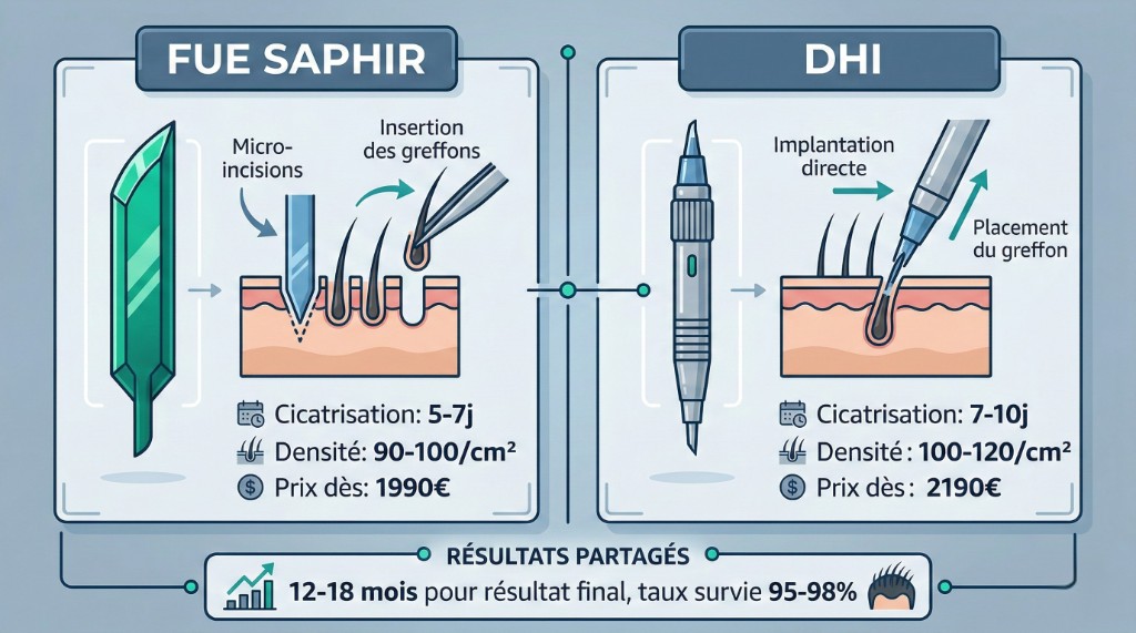 Infographie comparative FUE Saphir vs Choi Pen : à gauche, technique FUE Saphir avec lame en cristal de saphir, micro-incisions et insertion des greffons (cicatrisation 5-7j, densité 90-100/cm², prix dès 1 990 €) ; à droite, technique Choi Pen avec stylo Choi, implantation directe et placement du greffon (cicatrisation 7-10j, densité 100-120/cm², prix dès 2 190 €) ; résultats partagés : 12-18 mois pour résultat final, taux de survie 95-98 %