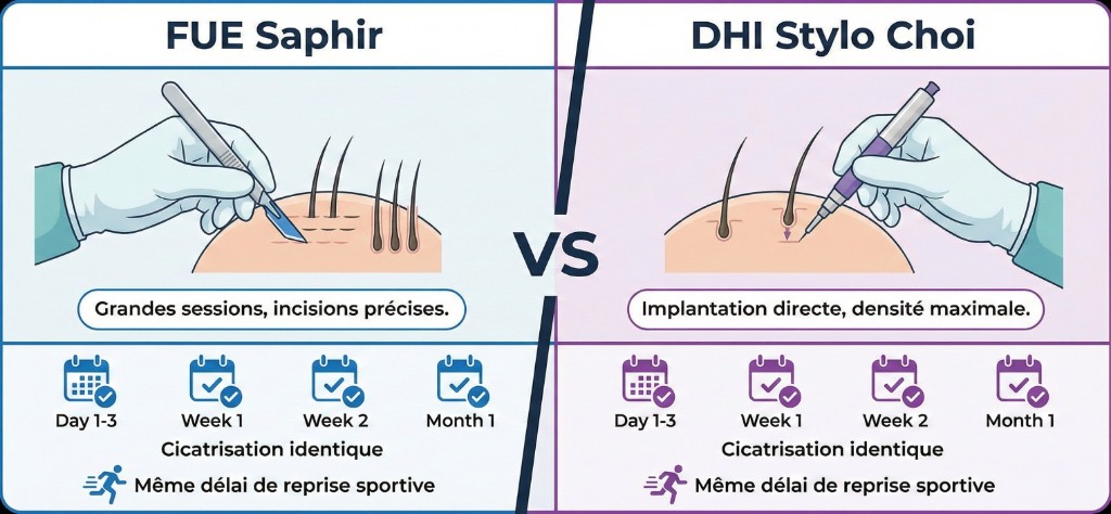 Comparaison visuelle FUE Saphir vs Choi Pen Stylo Choi pour sportifs : à gauche la technique FUE Saphir (lame saphir, grandes sessions, incisions précises), à droite la technique Choi Pen (stylo Choi, implantation directe, densité maximale) — cicatrisation identique (J1-3, semaine 1, semaine 2, mois 1) et même délai de reprise sportive