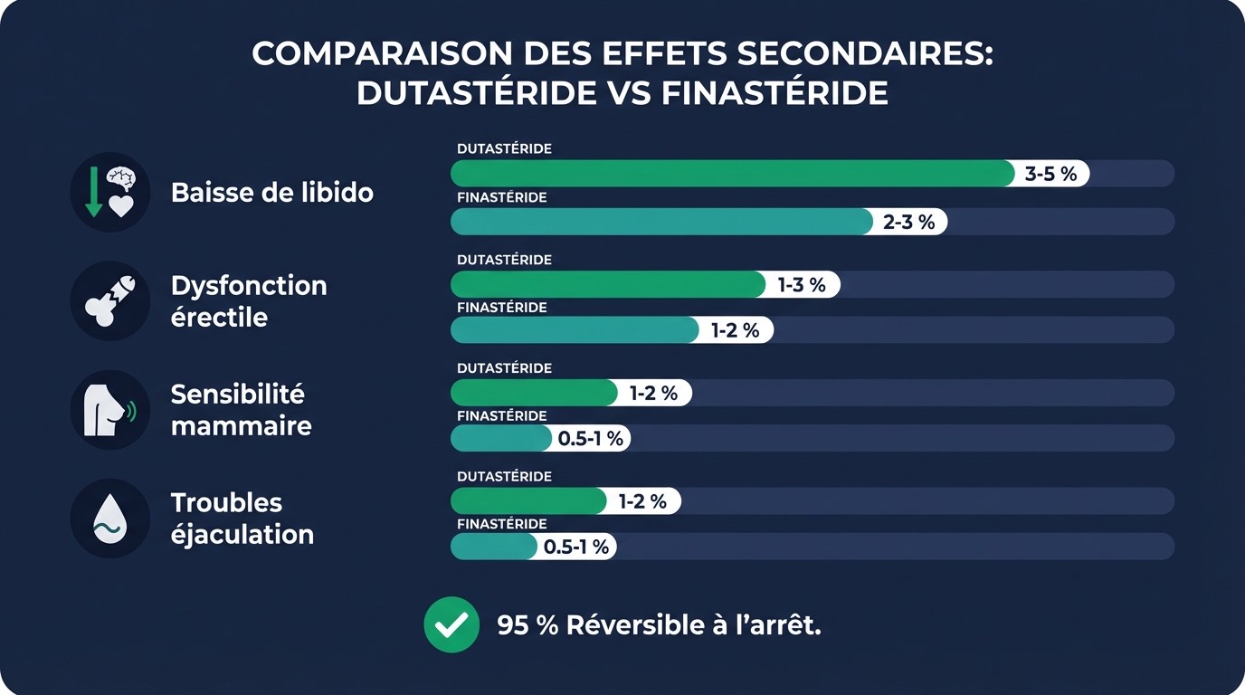Infographie des effets secondaires du dutastéride vs finastéride : barres horizontales comparant la fréquence de chaque effet — baisse de libido (dutastéride 3-5 % vs finastéride 1,8 %), dysfonction érectile (1-3 % vs 1,3 %), diminution volume éjaculat (1-2 % vs 1,2 %), gynécomastie (< 1 % vs < 0,5 %), dépression (données contradictoires pour les deux). Encadré demi-vie : dutastéride 5 semaines (effets persistent longtemps) vs finastéride 6 heures (effets réversibles rapidement)