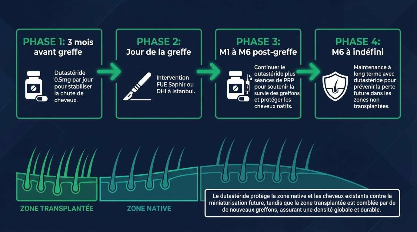 Infographie du protocole combiné dutastéride + greffe capillaire en 4 étapes : Phase 1 (6-12 mois avant) — initier le dutastéride 0,5 mg pour stabiliser la chute et préparer le terrain ; Phase 2 (évaluation pré-chirurgicale) — trichoscopie, bilan sanguin, classification Norwood, planification des greffons ; Phase 3 (intervention chirurgicale) — greffe FUE Saphir ou Choi Pen à Istanbul, 1 journée, hôtel 3 nuits ; Phase 4 (post-greffe) — continuer le dutastéride à vie pour protéger les cheveux natifs, suivi 12 mois