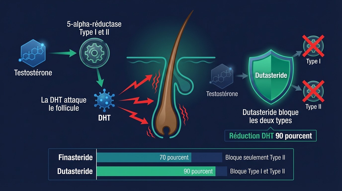Schéma médical du mécanisme d'action du dutastéride : à gauche (SANS TRAITEMENT), la testostérone est convertie en DHT par les enzymes 5-alpha-réductase de type I (cuir chevelu, foie, peau) et de type II (cuir chevelu, prostate), les deux voies enzymatiques alimentent la production de DHT qui attaque le follicule pileux en 4 stades de miniaturisation ; à droite (AVEC DUTASTÉRIDE), le bouclier violet bloque simultanément les deux types d'enzyme, réduisant la DHT de 90 %, contre seulement 70 % pour le finastéride qui ne bloque que le type II