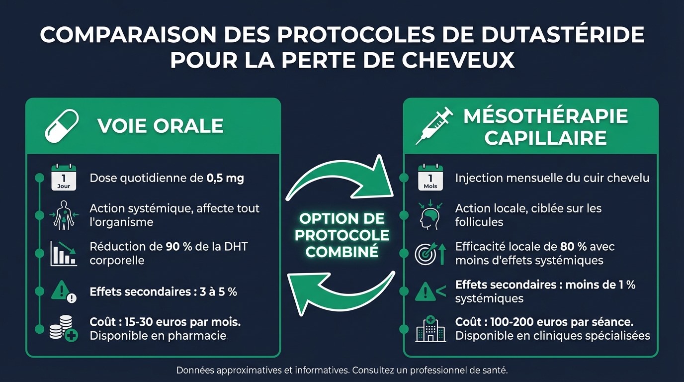 Infographie comparative des deux protocoles d'administration du dutastéride : à gauche, Voie Orale — capsule molle 0,5 mg/jour, prise quotidienne avec ou sans nourriture, action systémique (−90 % DHT sérique), adapté au traitement de fond à long terme, coût 15-40 €/mois ; à droite, Mésothérapie — injection de dutastéride dilué directement dans le cuir chevelu, 1 session/mois pendant 6 mois puis 1 session/3 mois, action locale ciblée avec moins d'effets systémiques, coût 100-300 €/session, protocole d'étude Saceda-Corralo 2022