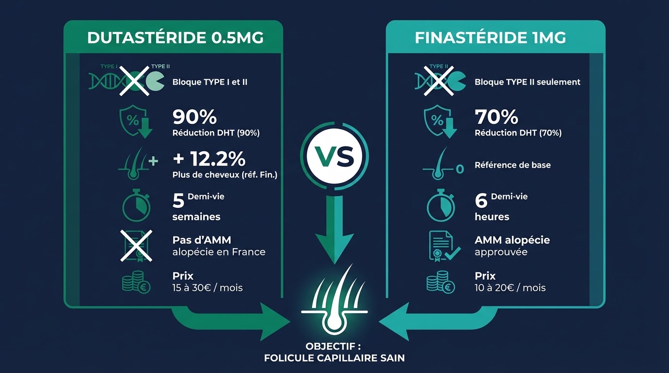 Infographie comparative dutastéride vs finastéride : colonne gauche (violet) Dutastéride 0,5 mg — inhibiteur dual type I + II, −90 % DHT, +12,2 % densité vs finastéride, demi-vie 5 semaines, hors AMM alopécie en France, approuvé Corée/Japon ; colonne droite (bleu) Finastéride 1 mg — inhibiteur type II uniquement, −70 % DHT, référence gold standard, demi-vie 6 heures, AMM alopécie en France depuis 1997, 25+ ans de recul clinique