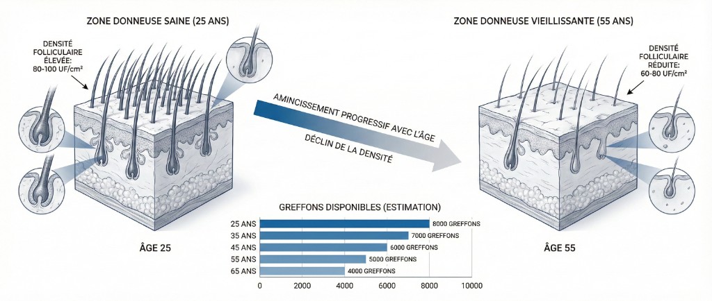 Évolution de la densité de la zone donneuse et des greffons disponibles de 25 à 65 ans — Capital folliculaire et planification greffe capillaire | Renaissance Clinique Diagramme médical comparatif de la zone donneuse selon l'âge : à gauche, coupe anatomique du cuir chevelu à 25 ans avec densité folliculaire élevée (80-100 UF/cm², follicules denses et épais) ; à droite, cuir chevelu vieillissant à 55 ans avec densité réduite (60-80 UF/cm², follicules amincis et espacés). Au centre : flèche d'amincissement progressif avec le déclin de la densité. En bas : graphique à barres horizontales des greffons disponibles par âge — 25 ans (8 000), 35 ans (7 000), 45 ans (6 000), 55 ans (5 000), 65 ans (4 000)