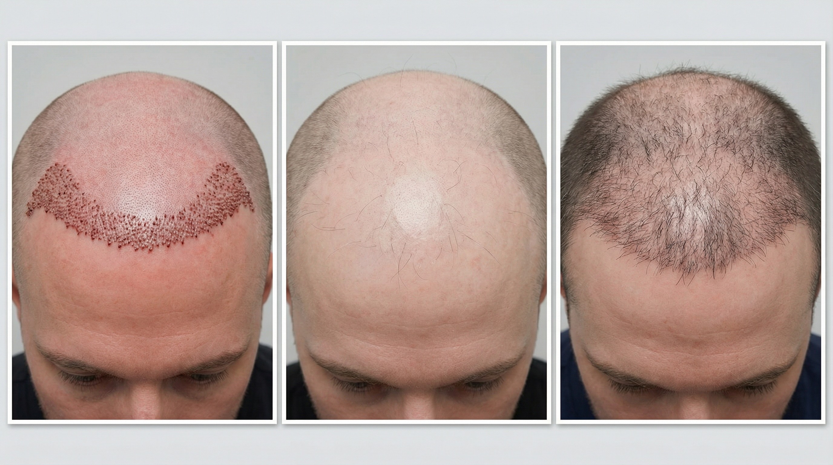 Évolution photographique d'une greffe de cheveux : comparaison J0 (cuir chevelu dégarni), M3 (début de repousse fine) et M6 (40-60 % de densité visible avec ligne frontale en construction)