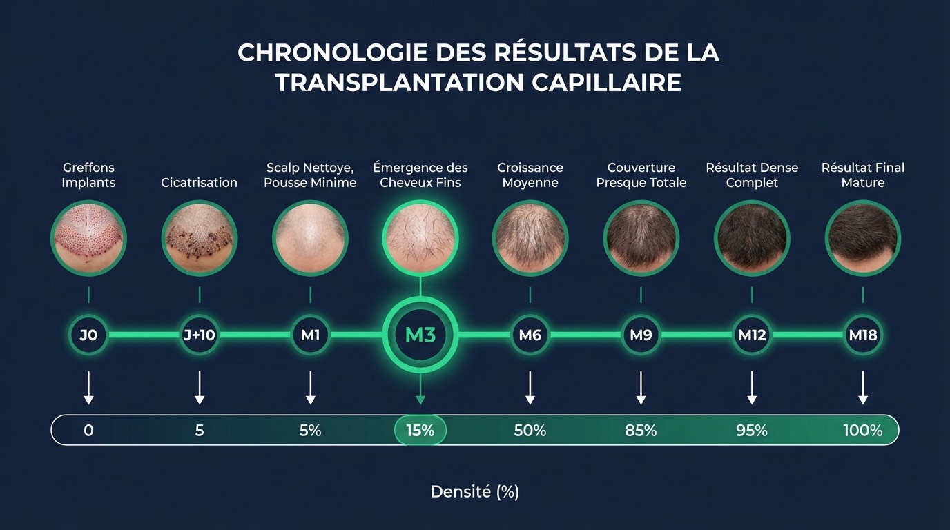 Timeline de la repousse post-greffe de cheveux avec position à 3 mois : 9 phases du jour 1 au mois 18, début de repousse et ugly duckling mis en évidence avec marqueur ambré