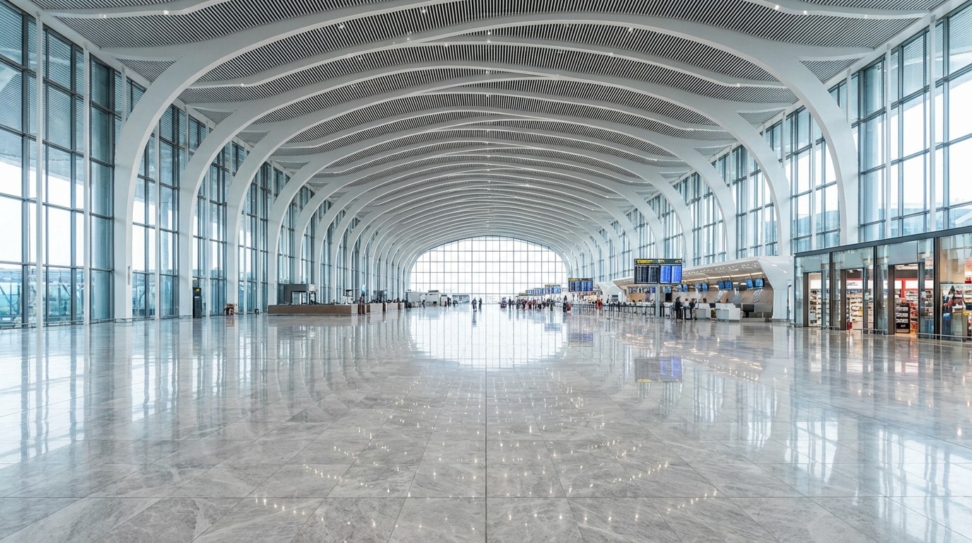 Aéroport Istanbul IST — Hub Principal pour les Patients en Greffe Capillaire | Renaissance Clinique Intérieur moderne de l'aéroport Istanbul IST avec son hall de départ au plafond haut et lumineux