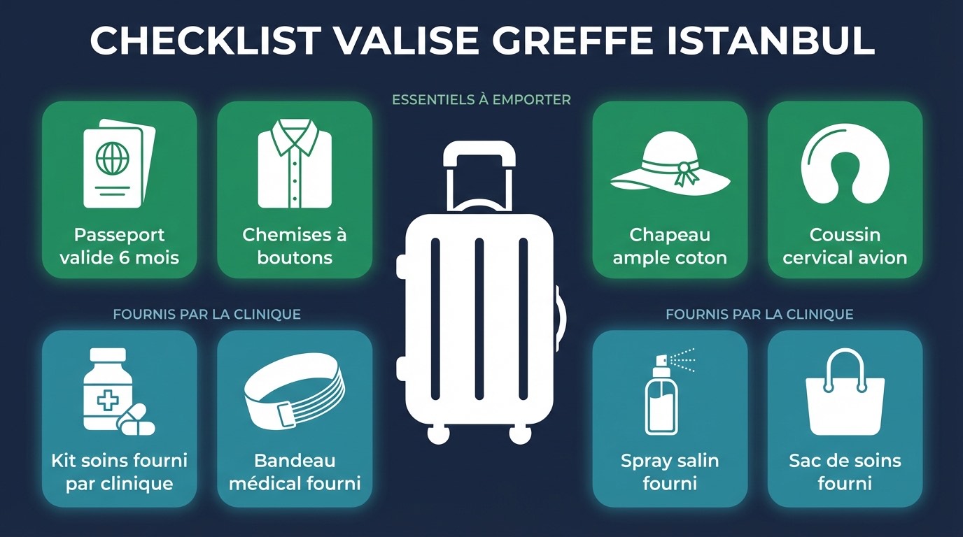 Checklist Valise — Séjour Greffe de Cheveux Istanbul | Renaissance Clinique Checklist illustrée de la valise pour un séjour greffe de cheveux à Istanbul : chemises, chapeau, coussin cervical, passeport