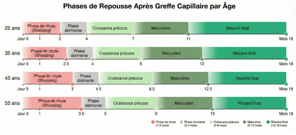 Phases de repousse après greffe capillaire par âge : comparaison des timelines de shedding, dormance, croissance et résultat final entre 25, 35, 45 et 55 ans | Renaissance Clinique Graphique comparatif des phases de repousse après greffe capillaire selon l'âge du patient (25, 35, 45 et 55 ans). Quatre timelines parallèles horizontales du jour 0 au mois 18 : phase de chute (shedding, rouge, mois 1-2 à 3.5 selon l'âge), phase dormante (gris, mois 2-5), croissance précoce (vert clair, mois 4-9), maturation (vert foncé, mois 7-13), résultat final (émeraude, mois 11-18). Les patients de 25 ans atteignent le résultat final dès le mois 11, contre le mois 13 pour les patients de 55 ans. Légende colorée en bas : phase de chute (1-3 mois), phase dormante (3-4 mois), croissance précoce (4-8 mois), maturation (2-12 mois), résultat final (12-18 mois)