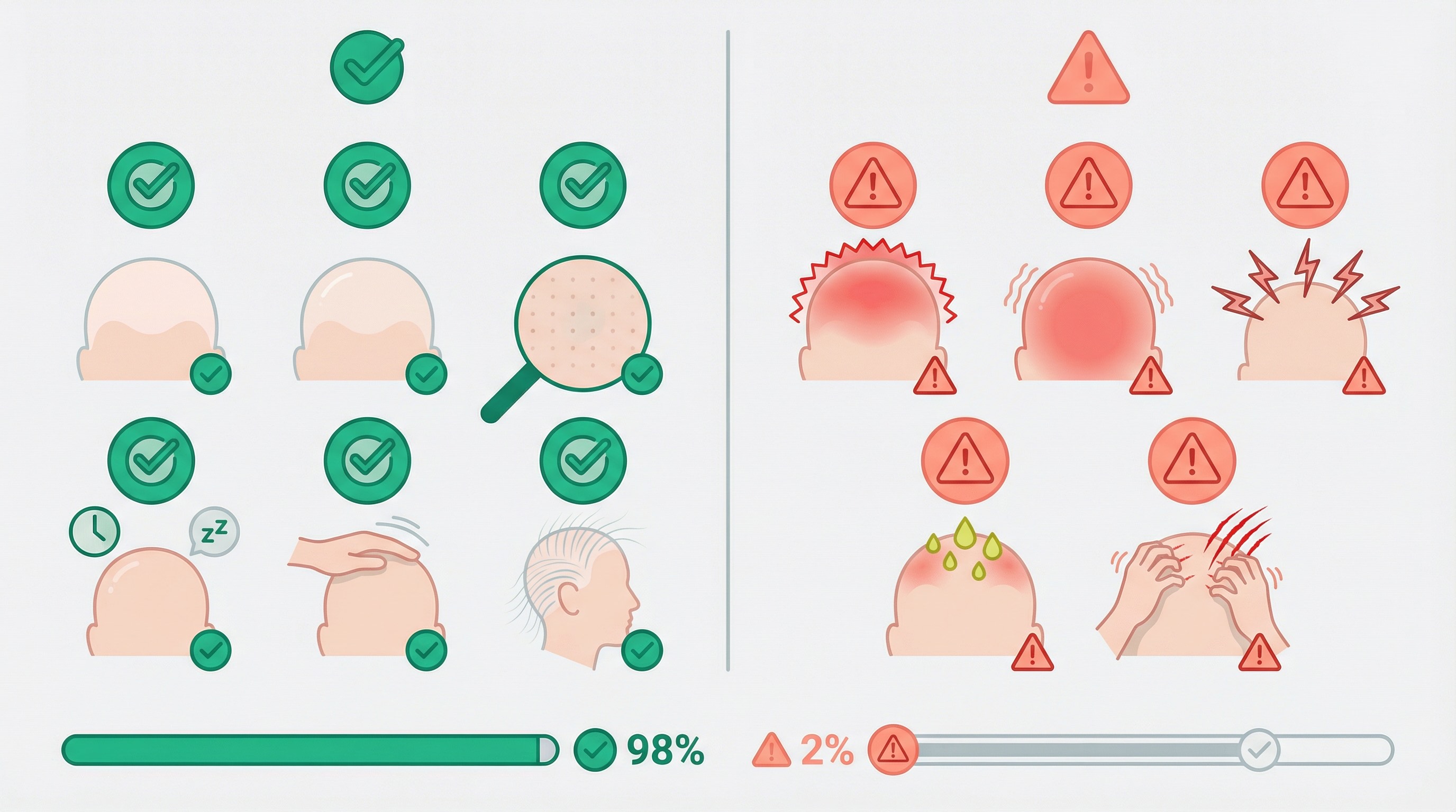 Infographie comparative des signes normaux et inquiétants à 2 mois post-greffe de cheveux : check-list verte des signes normaux (pas de cheveux visibles, cuir chevelu lisse, pas de rougeurs) et liste rouge des signes d'alerte (rougeurs persistantes, gonflement, douleur)