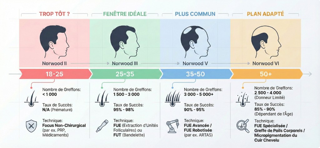 Stades Norwood et âge idéal pour la greffe de cheveux : timeline 18-65+ ans — Nombre de greffons, taux de succès et technique recommandée par tranche d'âge | Renaissance Clinique Infographie médicale des stades de perte de cheveux par tranche d'âge et recommandation de greffe : 18-25 ans (Norwood II, trop tôt, focus non-chirurgical PRP et médicaments, <1 000 greffons), 25-35 ans (Norwood III, fenêtre idéale, FUE ou FUT, 1 500-3 000 greffons, taux de succès 95-98%), 35-50 ans (Norwood V, plus commun, FUE avancée ou robotisée, 3 000-5 000+ greffons, taux 90-95%), 50+ ans (Norwood VI, plan adapté, FUE spécialisée ou micropigmentation, 2 500-4 000 greffons donneur limité, taux 85-90%)