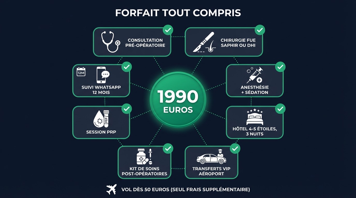 Infographie des 8 prestations incluses dans le forfait greffe de cheveux tout compris : consultation, intervention, anesthésie, hôtel, transferts, kit, PRP, suivi