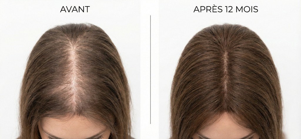 Résultat avant-après greffe sans rasage Choi Pen No-Shave chez une femme : à gauche (avant), raie centrale élargie avec cuir chevelu visible et cheveux clairsemés ; à droite (après 12 mois), densité capillaire restaurée, raie centrale comblée, résultat naturel sans cicatrice visible