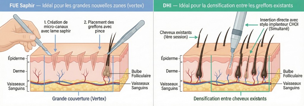 Comparaison en coupe transversale des techniques de greffe capillaire FUE Saphir et Choi Pen pour la 2ème séance. À gauche : technique FUE Saphir — étape 1 création de micro-canaux avec lame saphir, étape 2 placement des greffons avec pince, couches épiderme/derme/vaisseaux sanguins visibles, bulbe folliculaire, idéal pour grande couverture du vertex. À droite : technique Choi Pen — insertion directe avec stylo implanteur CHOI (simultanée) entre les cheveux existants de la 1ère session, densification entre les greffons existants, couches épiderme/derme/vaisseaux sanguins et bulbe folliculaire détaillés