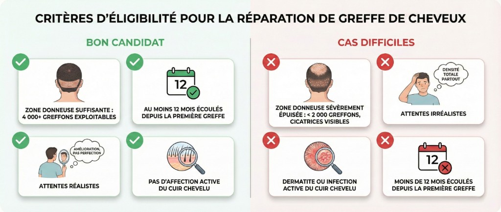 Critères d'éligibilité à la réparation de greffe capillaire — Bon candidat vs cas difficiles | Renaissance Clinique Critères d'éligibilité pour la réparation de greffe de cheveux — Bon candidat : zone donneuse suffisante (4 000+ greffons exploitables), au moins 12 mois écoulés depuis la première greffe, attentes réalistes (amélioration pas perfection), pas d'affection active du cuir chevelu. Cas difficiles : zone donneuse sévèrement épuisée (moins de 2 000 greffons, cicatrices visibles), attentes irréalistes (densité totale partout), dermatite ou infection active du cuir chevelu, moins de 12 mois écoulés depuis la première greffe