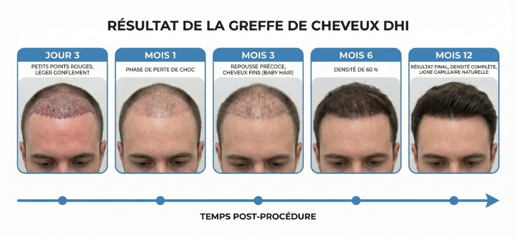 Résultat Greffe Choi Pen : Évolution Jour 3 à Mois 12 — Chronologie de Repousse | Renaissance Clinique Chronologie des résultats d’une greffe de cheveux Choi Pen en 5 étapes sur un patient masculin : Jour 3 (petits points rouges, léger gonflement frontal), Mois 1 (phase de perte de choc, chute temporaire des cheveux implantés), Mois 3 (repousse précoce, cheveux fins baby hair), Mois 6 (densité de 60%, épaississement progressif), Mois 12 (résultat final, densité complète, ligne capillaire naturelle). Flèche chronologique indiquant le temps post-procédure