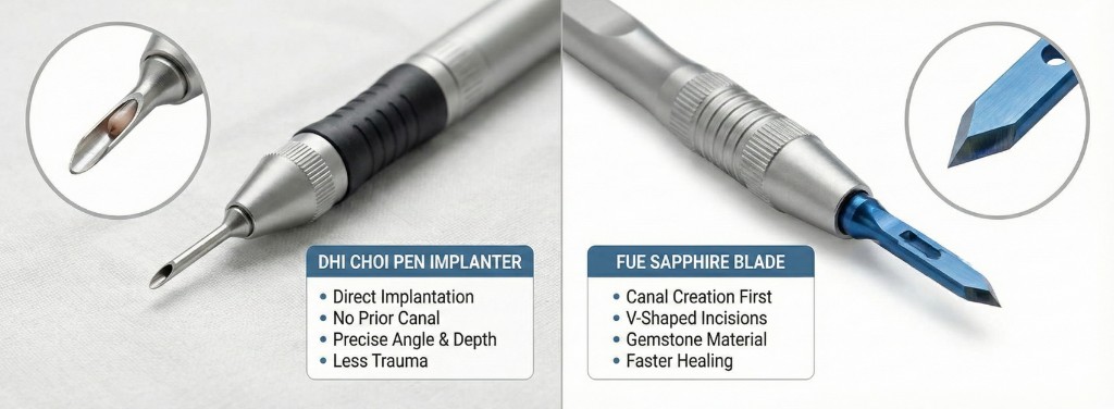 Stylo Choi Pen vs Lame FUE Saphir — Comparaison des instruments de réparation capillaire | Renaissance Clinique Comparaison photographique côte à côte du stylo implanteur Choi Pen (implantation directe, sans canal préalable, angle et profondeur précis, moins de traumatisme) et de la lame FUE Saphir (création de canaux en V, matériau en pierre précieuse, cicatrisation plus rapide) avec vues agrandies des pointes de chaque instrument