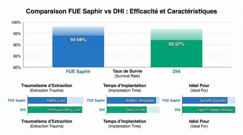 Infographie comparative FUE Saphir vs Choi Pen : taux de survie des greffons (94-98% vs 92-97%), traumatisme d'extraction (faible vs très faible), temps d'implantation (modéré vs court), idéal pour (densité vs ligne frontale) — comparaison efficacité et caractéristiques techniques