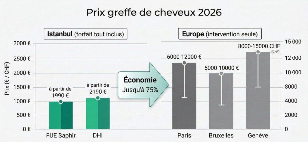 Graphique comparatif des prix de greffe de cheveux en 2026 : Istanbul forfait tout inclus (FUE Saphir à partir de 1 990 €, Choi Pen à partir de 2 190 €) vs Europe intervention seule (Paris 6 000-12 000 €, Bruxelles 5 000-10 000 €, Genève 8 000-15 000 CHF), soit jusqu'à 75 % d'économie