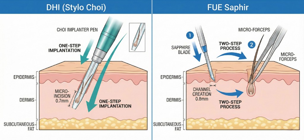 Comparaison Choi Pen (Stylo Choi) vs FUE Saphir — Coupe Transversale du Cuir Chevelu | Renaissance Clinique Comparaison en coupe du cuir chevelu des techniques Choi Pen vs FUE Saphir : à gauche, le stylo Choi (stylo Choi) réalise une implantation directe en 1 étape (one-step) avec micro-incision de 0.7mm traversant épiderme et derme ; à droite, la FUE Saphir procède en 2 étapes (two-step) — création du canal de 0.8mm avec lame saphir puis insertion du greffon avec micro-pinces (micro-forceps). Couches visibles : épiderme, derme, tissu sous-cutané