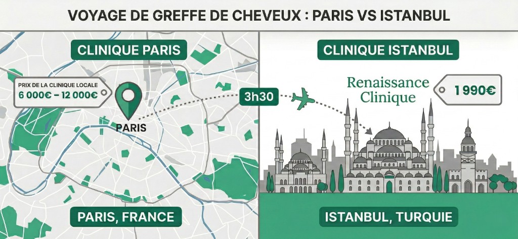 Comparaison prix greffe de cheveux Paris vs Istanbul — Forfait tout compris dès 1 990 € | Renaissance Clinique Infographie comparant les tarifs de greffe de cheveux entre Paris (6 000€ – 12 000€ en clinique locale) et Istanbul (1 990€ chez Renaissance Clinique) — vol direct de 3h30 depuis Paris CDG vers Istanbul