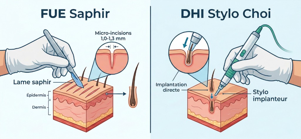 Comparaison technique FUE Saphir vs Choi Pen Stylo Choi pour greffe de cheveux homme : à gauche, lame saphir réalisant des micro-incisions de 1,0 à 1,3 mm dans l'épiderme et le derme — à droite, stylo implanteur Choi effectuant une implantation directe du greffon sans pré-incision