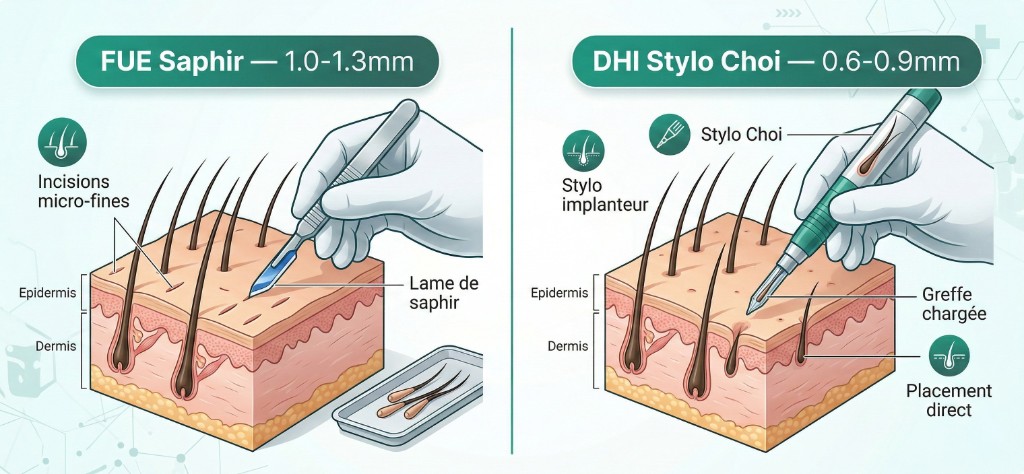 Schéma comparatif des techniques de greffe capillaire FUE Saphir et Choi Pen au stylo Choi : à gauche, la lame en cristal de saphir réalise des micro-incisions de 1,0 à 1,3 mm dans le cuir chevelu (épiderme et derme) ; à droite, le stylo Choi implanteur place directement les greffons chargés avec des incisions de 0,6 à 0,9 mm sans incision préalable