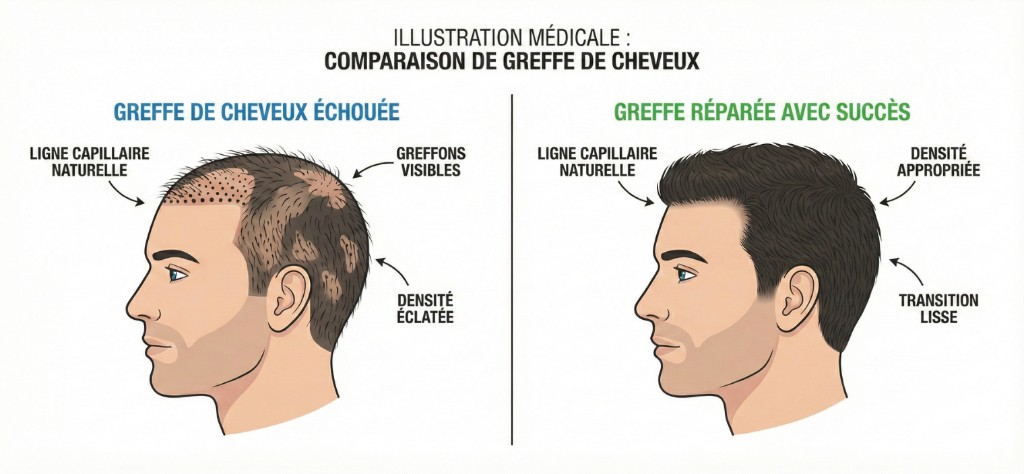 Greffe de cheveux échouée vs réparée avec succès — Comparaison visuelle | Renaissance Clinique Illustration médicale comparative d'une greffe de cheveux échouée (ligne capillaire irrégulière, greffons visibles, densité éclaircie) versus une greffe réparée avec succès (ligne capillaire naturelle, densité appropriée, transition lisse) — vue de profil côte à côte