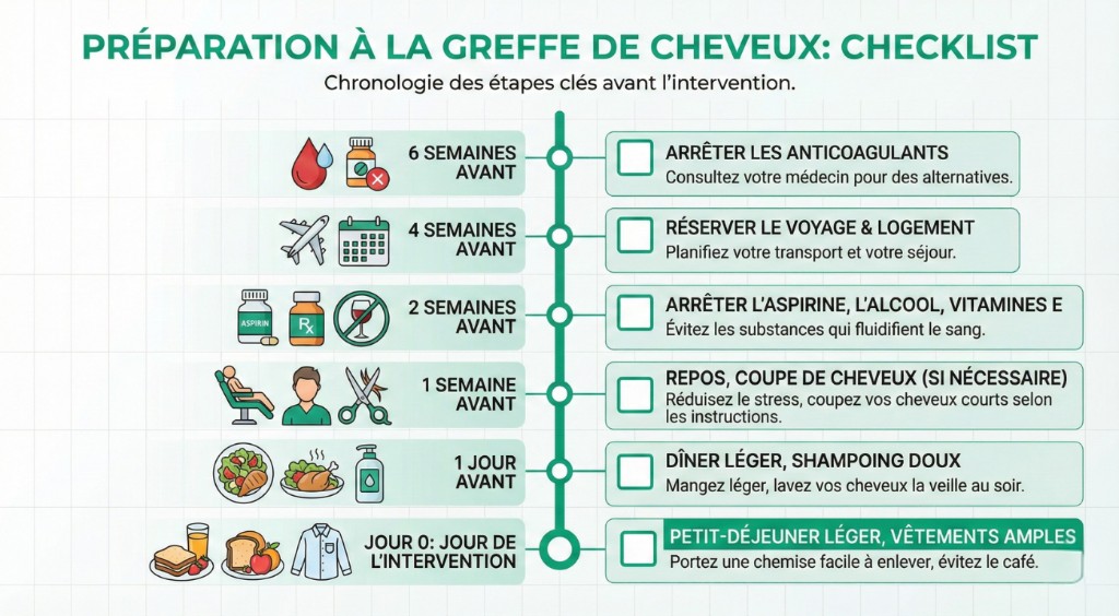 Checklist Préparation Greffe de Cheveux — Chronologie 6 semaines à J0 | Renaissance Clinique Infographie checklist préparation greffe de cheveux : chronologie des 6 étapes clés avant l'intervention — 6 semaines avant (arrêter anticoagulants), 4 semaines avant (réserver voyage et logement à Istanbul), 2 semaines avant (arrêter aspirine, alcool, vitamines E), 1 semaine avant (repos, coupe de cheveux), 1 jour avant (dîner léger, shampoing doux), Jour 0 (petit-déjeuner léger, vêtements amples)