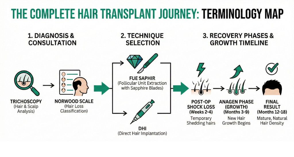 Infographie illustrant le parcours complet de la greffe de cheveux : du diagnostic par trichoscopie et classification Norwood au choix des techniques FUE Saphir ou Choi Pen, puis aux phases de récupération post-opératoire (chute de choc, phase anagène, résultat final)