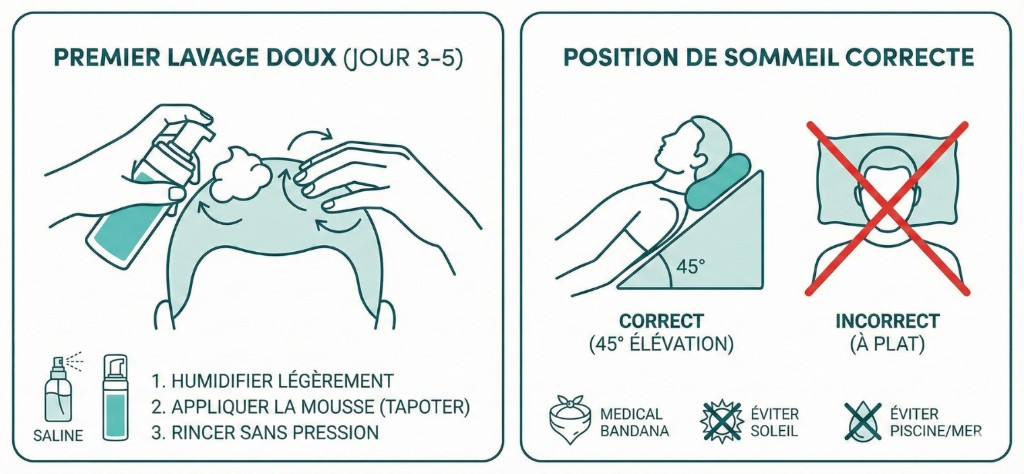 Soins Post-Opératoires Greffe Choi Pen : Lavage Doux J+3 et Position de Sommeil | Renaissance Clinique Instructions de soins post-opératoires après greffe Choi Pen en deux panneaux : à gauche, premier lavage doux (Jour 3-5) — spray saline pour humidifier, application de mousse en tapotant du bout des doigts, rinçage sans pression en 3 étapes ; à droite, position de sommeil correcte à 45° d’élévation avec coussin cervical (correct) vs position à plat barrée d’une croix rouge (incorrect). Icônes : bandana médical, éviter soleil, éviter piscine/mer
