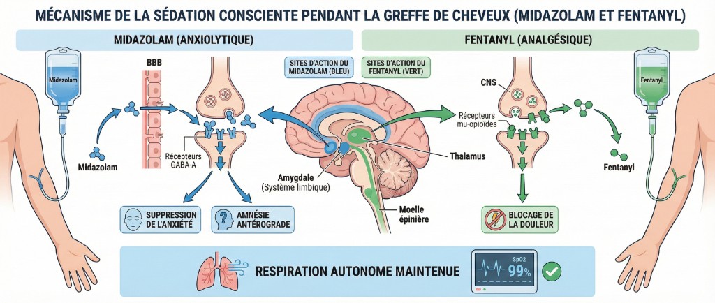 Mécanisme de la sédation légère IV — Midazolam + Fentanyl en greffe capillaire | Renaissance Clinique Schéma médical du double mécanisme de la sédation consciente pendant une greffe de cheveux : voie du midazolam (anxiolytique, récepteurs GABA-A dans le système limbique, amygdale) produisant suppression de l'anxiété et amnésie antérograde, et voie du fentanyl (analgésique opioïde, récepteurs mu-opioïdes dans le thalamus et la moelle épinière) bloquant les signaux douloureux, avec maintien de la respiration autonome (SpO2 99%)
