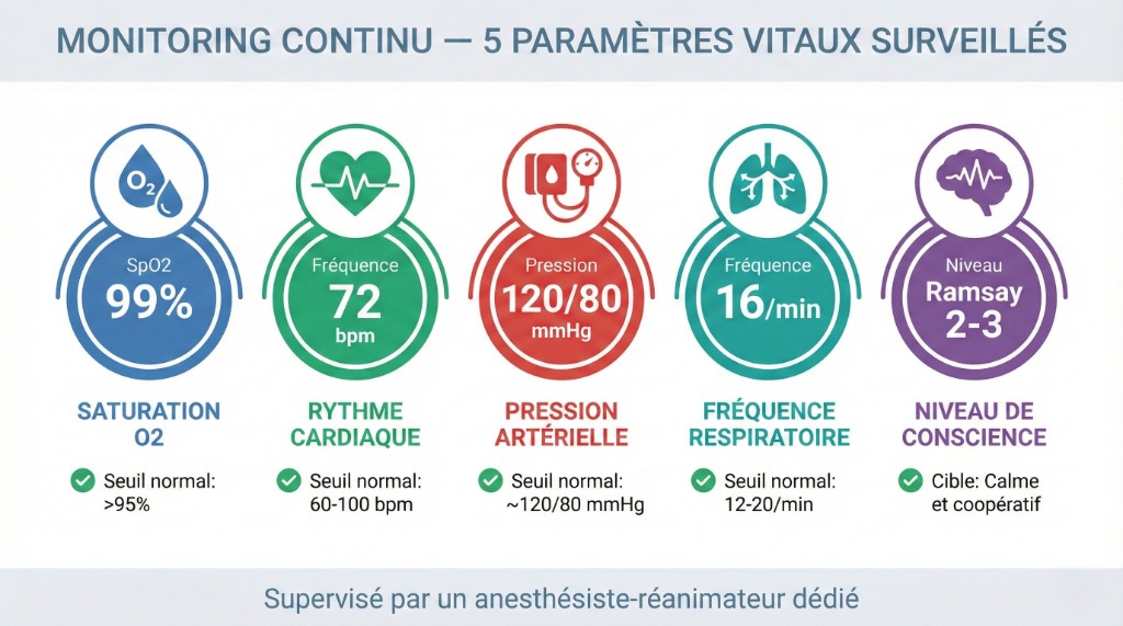 Monitoring continu pendant sédation — 5 paramètres vitaux surveillés | Renaissance Clinique Infographie des 5 paramètres vitaux surveillés en continu pendant la sédation légère IV en greffe capillaire : saturation en oxygène (SpO2 99%), rythme cardiaque (72 bpm), pression artérielle (120/80 mmHg), fréquence respiratoire (16/min) et niveau de conscience (Ramsay 2-3), supervisé par un anesthésiste-réanimateur dédié