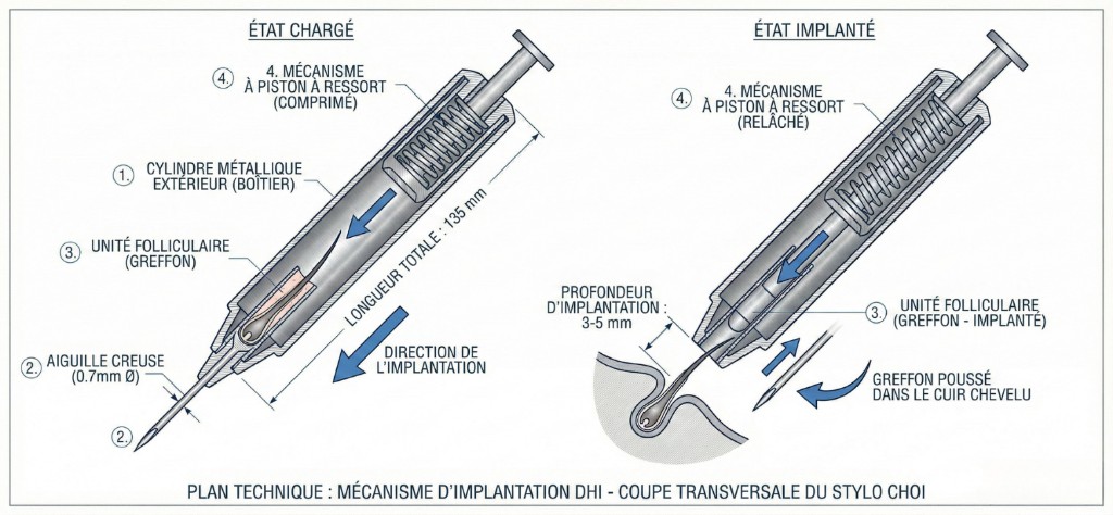 Plan Technique : Mécanisme d’Implantation Choi Pen — Coupe Transversale du Stylo Choi | Renaissance Clinique Plan technique en coupe transversale du stylo implanteur Choi pour greffe Choi Pen : état chargé (gauche) montrant le cylindre métallique extérieur, l’aiguille creuse de 0.7mm, l’unité folliculaire (greffon) dans le canal et le mécanisme à piston à ressort compressé — état implanté (droite) montrant le piston relâché poussant le greffon dans le cuir chevelu à une profondeur de 3-5mm, longueur totale du stylo 135mm