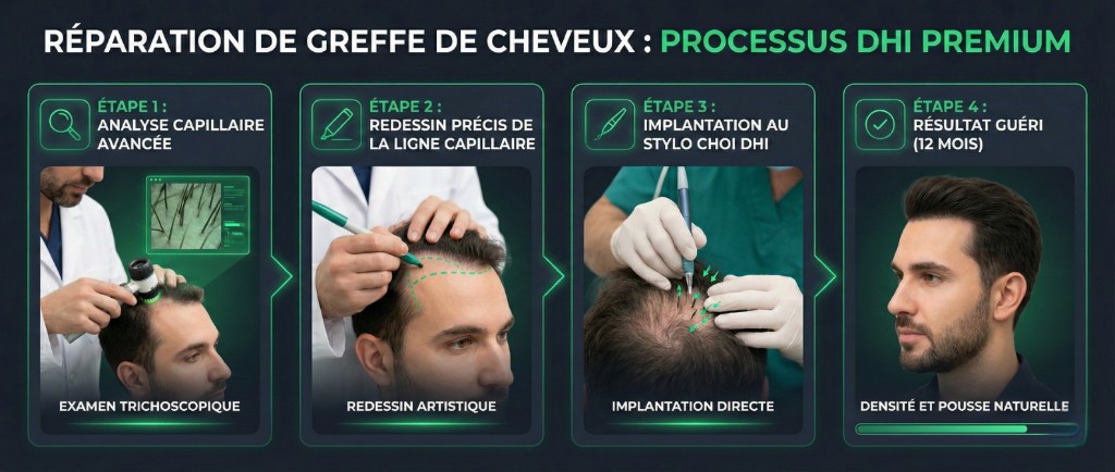 Processus de réparation greffe capillaire Choi Pen en 4 étapes — Protocole premium | Renaissance Clinique Processus Choi Pen premium de réparation de greffe de cheveux en 4 étapes : étape 1 analyse capillaire avancée par examen trichoscopique, étape 2 redessin précis de la ligne capillaire au marqueur chirurgical, étape 3 implantation directe au stylo Choi Pen entre greffons existants, étape 4 résultat guéri à 12 mois montrant densité et pousse naturelle